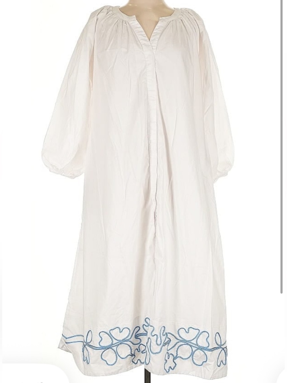 Lake Pajamas White Puff-Sleeve Embroidered Hem Dress